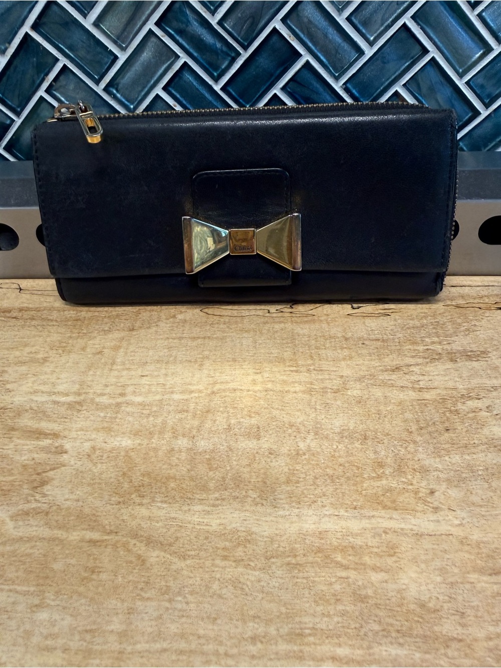 Chloe Black Leather Wallet with Gold Bow Hardware